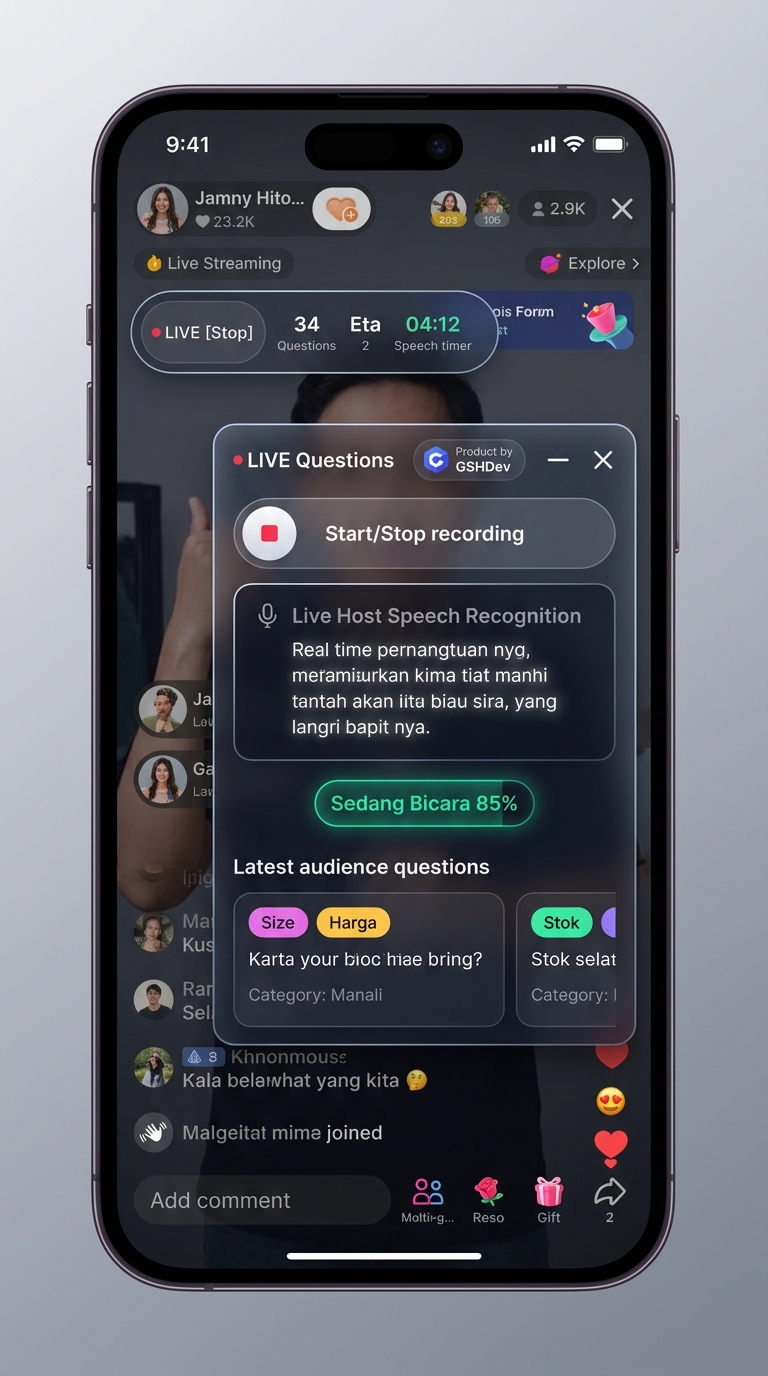 Antarmuka Widget Melayang GSH Live Pro di Layar TikTok